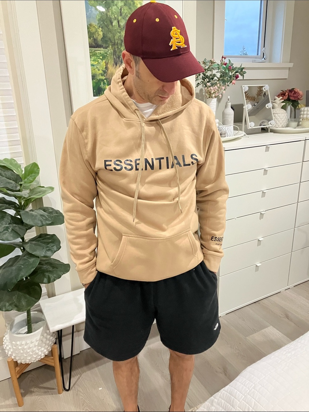 Essentials du.pe , men’s large Tan Pullover Hoodie with Logo